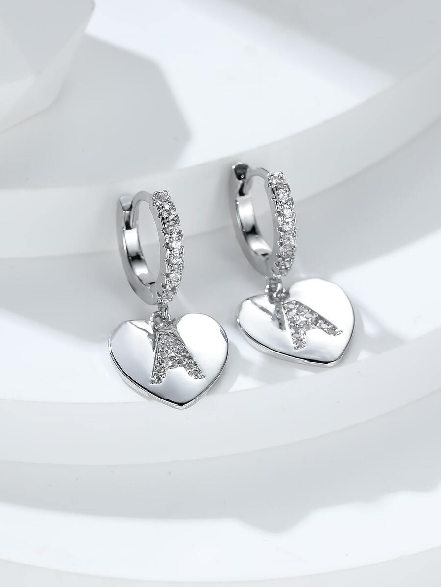 方晶鋯石字母細節心形耳墜 - 銀色 - 查看 1
