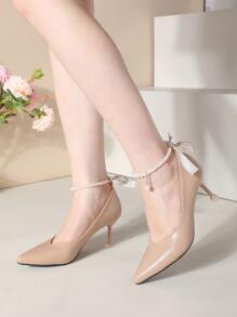 蝴蝶結和人造珍珠裝飾踝帶高跟鞋 - 杏色 - 查看 1