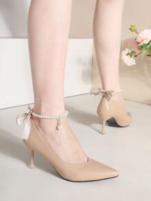 蝴蝶結和人造珍珠裝飾踝帶高跟鞋 - 杏色 - 查看 3