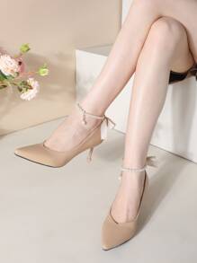 蝴蝶結和人造珍珠裝飾踝帶高跟鞋 - 杏色 - 查看 5