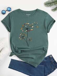 INAWLY Dandelion And Book Print Tee - Dark Green - View 1