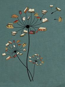 INAWLY Dandelion And Book Print Tee - Dark Green - View 4