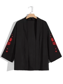 Manfinity EMRG 男士日本字母和花卉印花落肩袖和服罩衫不帶T恤 - 黑色 - 查看 2