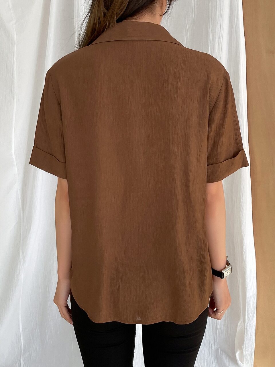 Women's Solid Color Pocket Casual Loose Short Sleeve Blouse, Business Casual Summer