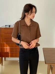 DAZY Blusa casual suelta de manga corta con bolsillo, unicolor, estilo negocios casuales de verano para mujer - Café integral - Ver 5