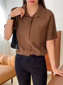 DAZY Blusa casual suelta de manga corta con bolsillo, unicolor, estilo negocios casuales de verano para mujer - Café integral - Ver 6