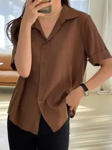 DAZY Blusa casual suelta de manga corta con bolsillo, unicolor, estilo negocios casuales de verano para mujer - Café integral - Ver 7