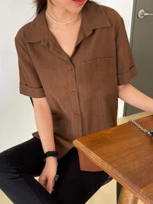 DAZY Blusa casual suelta de manga corta con bolsillo, unicolor, estilo negocios casuales de verano para mujer - Café integral - Ver 9