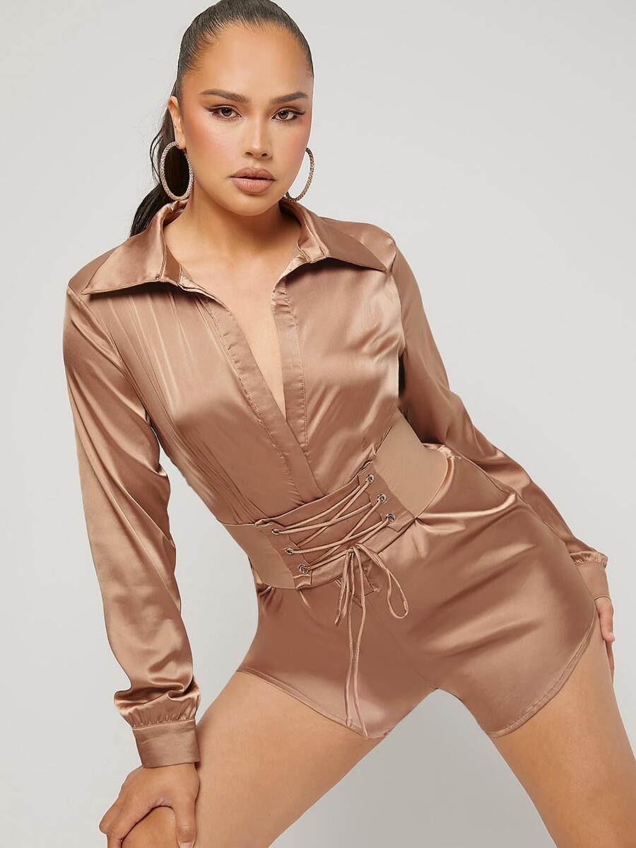 Lace Up Corset Satin Romper - Khaki - View 1