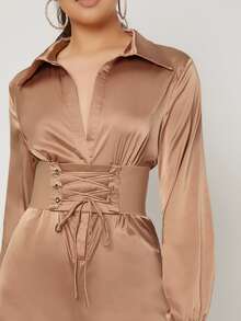 Lace Up Corset Satin Romper - Khaki - View 3