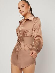 Lace Up Corset Satin Romper - Khaki - View 4