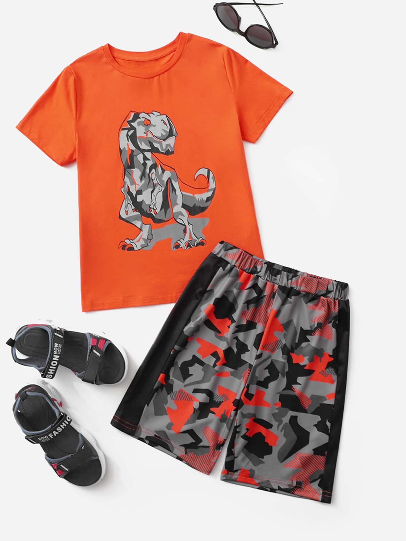 SHEIN Bộ hai mảnh Trai Sọc bên Ngụy trang Khủng long Thể thao - Nhiều màu - Xem 1