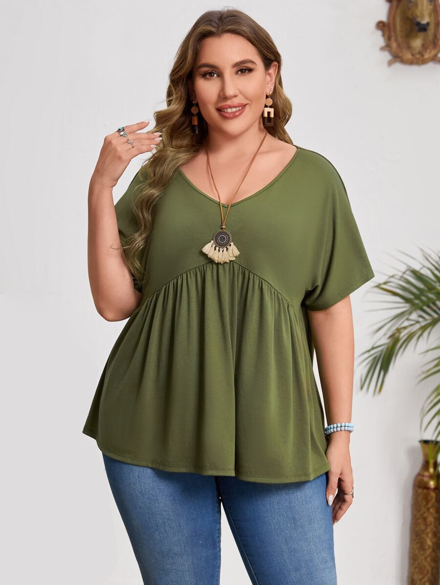EMERY ROSE Áo thun Plus size Viên lá sen màu trơn Giải trí - xanh quân đội - Xem 1