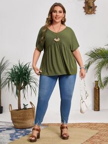 EMERY ROSE Áo thun Plus size Viên lá sen màu trơn Giải trí - xanh quân đội - Xem 4