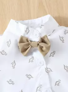 SHEIN 男嬰恐龍印花前蝴蝶結襯衫連體衣和背帶短褲 - 彩色 - 查看 3