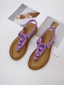 Rhinestone Decor Thong Sandals - Purple - View 1