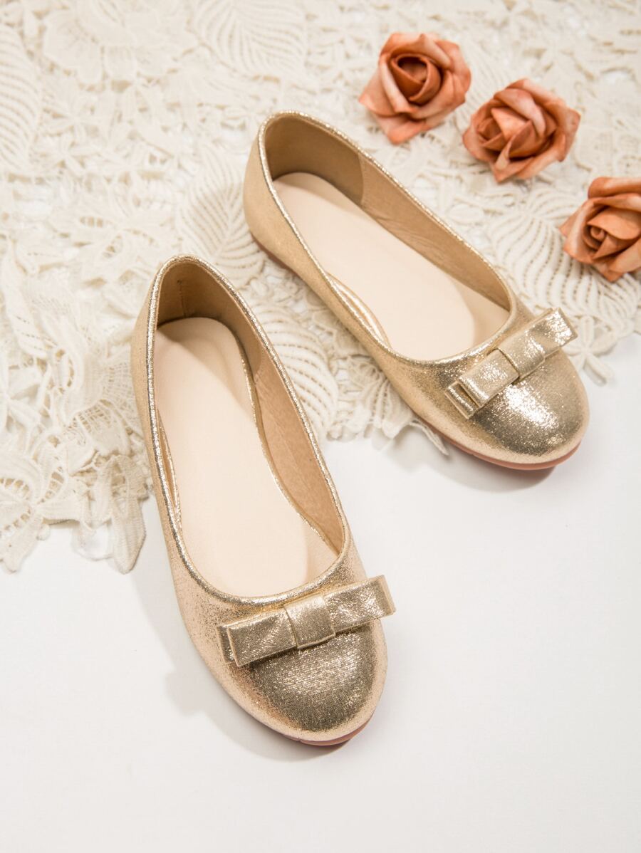 女孩金屬亮絲蝴蝶結裝飾平底鞋 - 金色 - 查看 1