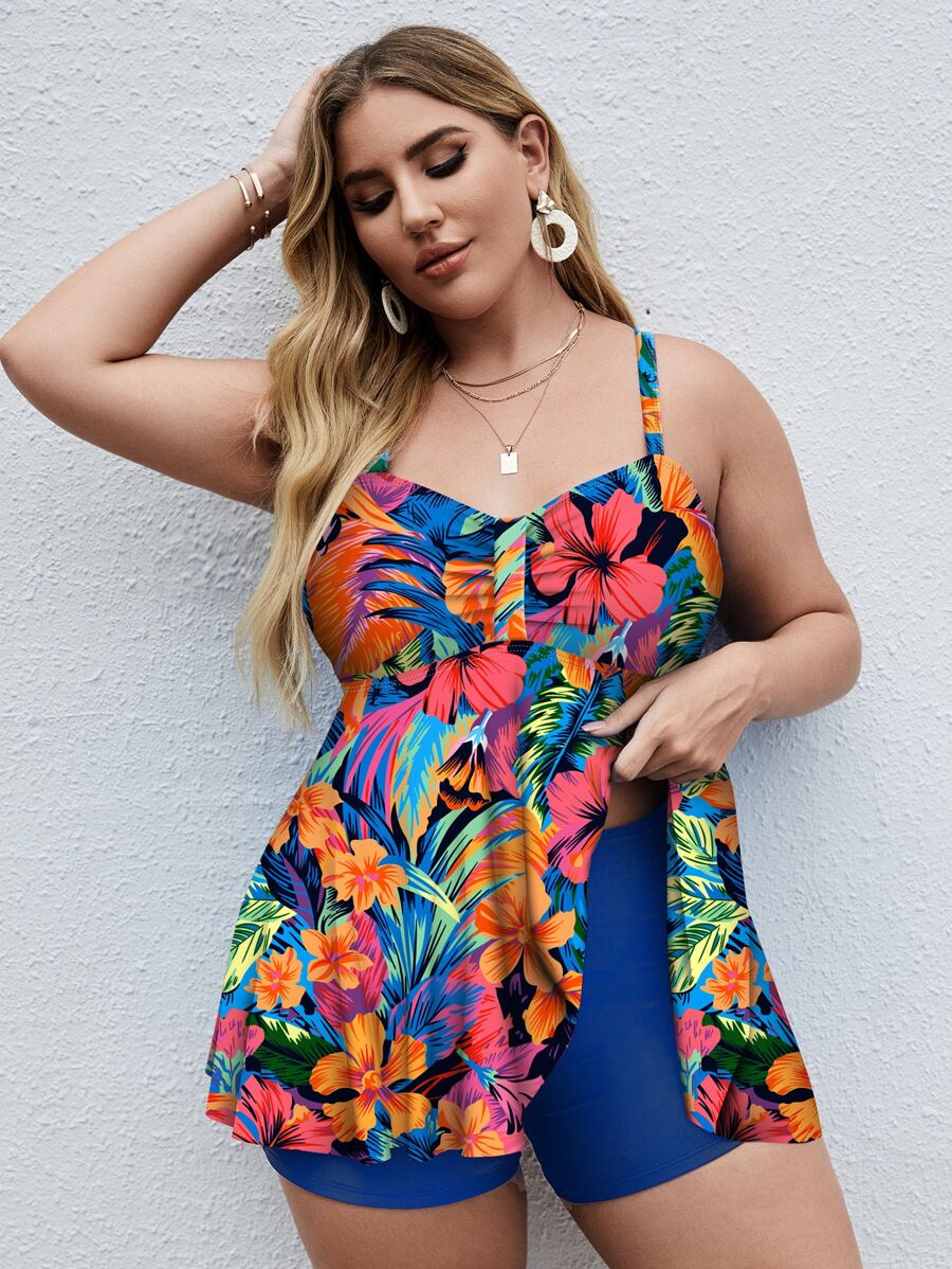 SHEIN Swim Curve 大码花卉印花荷叶边下摆泳衣夏季海滩 - 彩色 - 查看 1