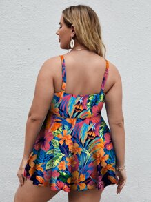 SHEIN Swim Curve 大码花卉印花荷叶边下摆泳衣夏季海滩 - 彩色 - 查看 2