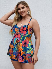 SHEIN Swim Curve 大码花卉印花荷叶边下摆泳衣夏季海滩 - 彩色 - 查看 3