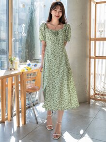 DAZY Ditsy Floral Square Neck Puff Sleeve Dress Sundress - Mint Green - View 7