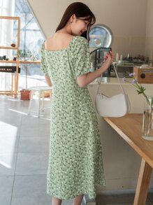 DAZY Ditsy Floral Square Neck Puff Sleeve Dress Sundress - Mint Green - View 2