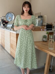 DAZY Ditsy Floral Square Neck Puff Sleeve Dress Sundress - Mint Green - View 5