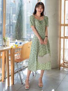 DAZY Ditsy Floral Square Neck Puff Sleeve Dress Sundress - Mint Green - View 8