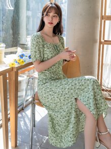 DAZY Ditsy Floral Square Neck Puff Sleeve Dress Sundress - Mint Green - View 6