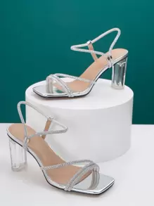 Women's Stiletto Heels Metal Texture & Rhinestone Embellished Fashion Sandals,Spring Summer Outfits - Silver - View 1