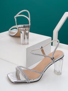 Women's Stiletto Heels Metal Texture & Rhinestone Embellished Fashion Sandals,Spring Summer Outfits - Silver - View 4