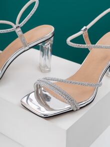 Women's Stiletto Heels Metal Texture & Rhinestone Embellished Fashion Sandals,Spring Summer Outfits - Silver - View 5