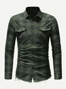 Manfinity Blusa de hombres de cuadros con diseño roto - Verde militar - Ver 3