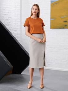 MOTF PREMIUM 直筒蕾絲花邊T恤 - 薑色 - 查看 5