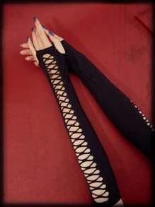ROMWE Grunge Punk Solid Hollow Out Long Fingerless Gloves Wedding - Black - View 3