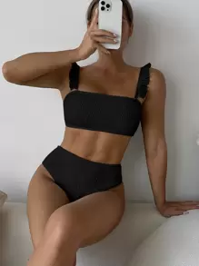 SHEIN Swim Summer Beach Frill Trim Smocked Bikini - Black - View 1