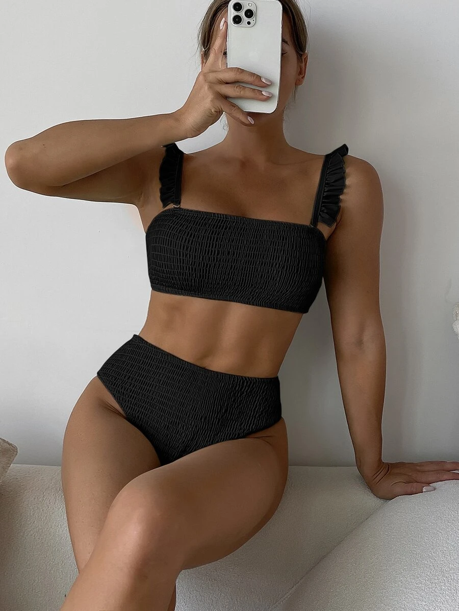 SHEIN Swim Summer Beach Frill Trim Smocked Bikini - Black - View 1
