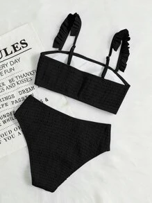 SHEIN Swim Summer Beach Frill Trim Smocked Bikini - Black - View 2