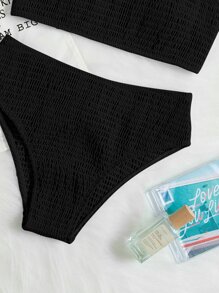 SHEIN Swim Summer Beach Frill Trim Smocked Bikini - Black - View 5
