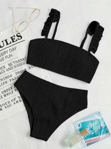 SHEIN Swim Summer Beach Frill Trim Smocked Bikini - Black - View 6