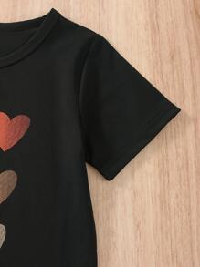 小女童愛心圖案T恤洋裝 - 黑色 - 查看 4