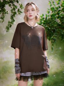 ROMWE Fairycore Áo thun nữ Đồ họa Lá thư Giải trí - màu nâu - Xem 1