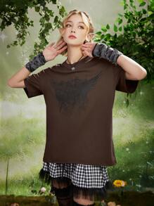 ROMWE Fairycore Áo thun nữ Đồ họa Lá thư Giải trí - màu nâu - Xem 2