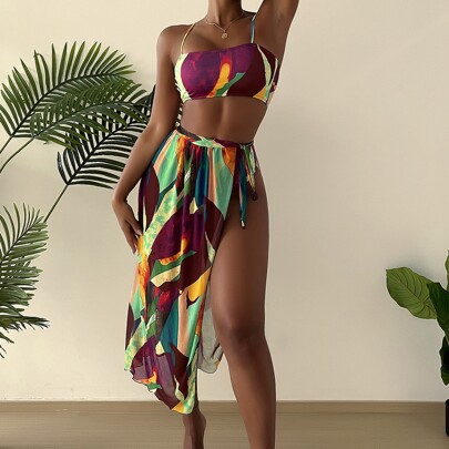 Allover Print Bikini Swimsuit With Beach Skirt
