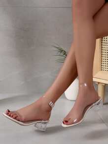 Spring/Summer Clear Strap Chunky Heeled Ankle Strap Sandals - Clear - View 6