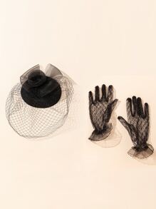 Solid Mesh Flower Gloves & Hat - Black - View 2