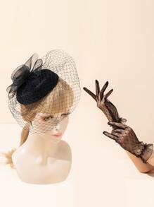 Solid Mesh Flower Gloves & Hat - Black - View 1