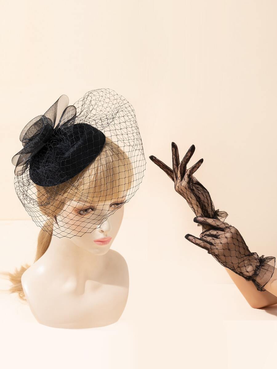 Solid Mesh Flower Gloves & Hat - Black - View 1