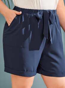 SHEIN EZwear 大碼前繫帶卷邊短褲 - 藏蓝色 - 查看 5