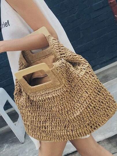 Summer Going Out Straw Bag Boho Style Woven Tote Bag Handmade Braided Bag For Travel Vintage Straw Handbag,Women's Woven Summer Bag,Knitted Tote Bag For Minimalist Large Capacity Straw Bag, Vacation Essentials, Perfect For Summer, Vacation & Beach